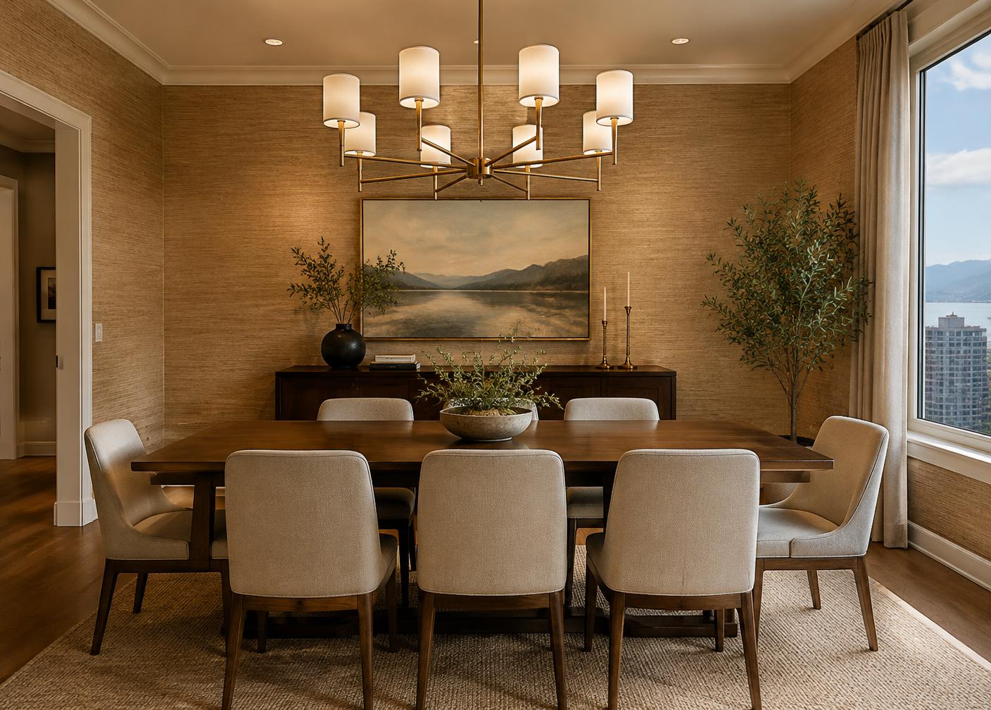 Dining room with grasscloth wallpaper